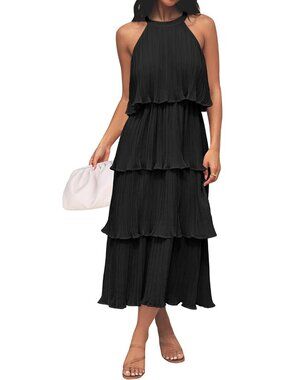 Women's Dark Black Summer Halter Ruffle Sleeveless Wedding Guest Midi Dresses